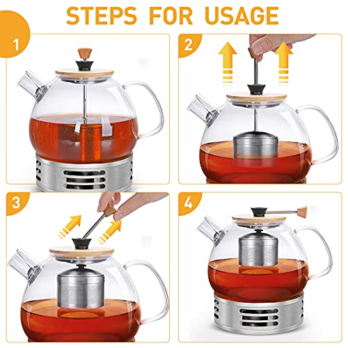 Tetera de Cristal, Tetera de Vidrio 1600ml con Base - Infusor Extraíble de Acero Inoxidable - 2 Tapas - Tetera de… - Imagen 3
