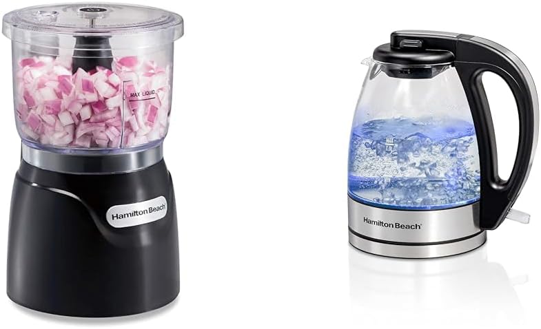 Hamilton Beach Electric Vegetable Chopper, Glass Electric Tea Kettle, Food Processor, 3-Cup, 1 Liter, 1500 Watts, Black and Blue LED