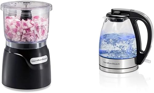 Hamilton Beach Picadora eléctrica de verduras, hervidor de té eléctrico de vidrio, procesador de alimentos, 3 tazas, 1 litro, 1500 vatios, LED negro