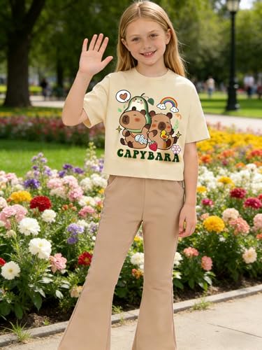 Image of Ayzozuy Tween Girls 2 Piece Outfits Short Sleeve Cartoon Graphic T-Shirt & Flared Pants Kids Clothing Set Size 8-13 Years