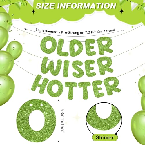 Image of Fulmoon Set of 3 Pre Strung Older Wiser Hotter Glitter Banner Funny Birthday Banner for Women 30th 40th 50th 60th 70th 80th Birthday Party Decorations Sign Gift(Grass Green)