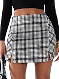 EXLURA Women's Fashion Faux Wool Mini Skirt High Waisted Y2K Trendy Side Slit Tweed Plaid Skirts 2025 Fall Winter Outfits Black