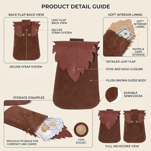 Image of Leather Belt Pouch Medieval Vintage Renaissance Viking LARP Cosplay Costumes Drawstring Coin Purse Phone Holder Waist Bag (Leaf Brown02)