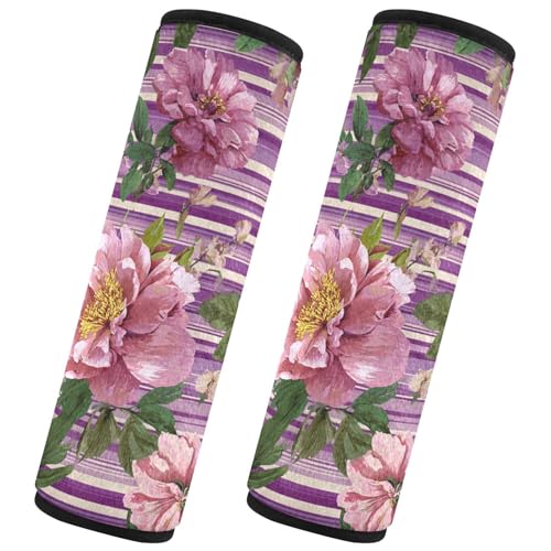 Image of 2 Pack Seatbelt Covers Seat Belt Cover Pad for Adults Boys Girls Car Seat Strap Covers Pads Cushion Universal Shoulder Strap Pad Protector for Backpack Camera Bag 10x7.7Inch Cute Pink Striped Roses