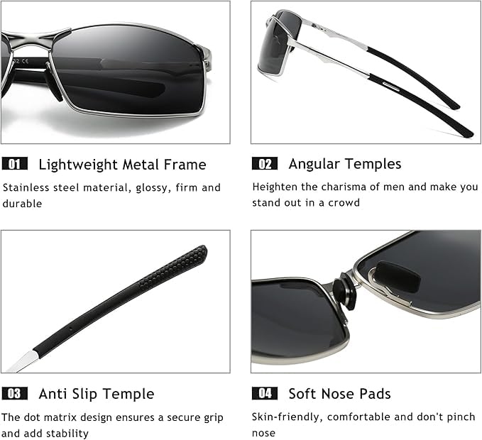Image of SUNGAIT Ultra-Lightweight Polarized Sunglasses Men for Driving Fishing Golf, Rectangular Metal Frame with Spring Hinge