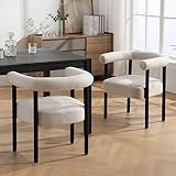 BESTANO Mid-Century Modern Dining Chairs Set of 2, Armrest Barrel Dining Chairs Side Accent Chairs with Curved Back, Upholstered Wood Armchairs for Kitchen, Linen Beige