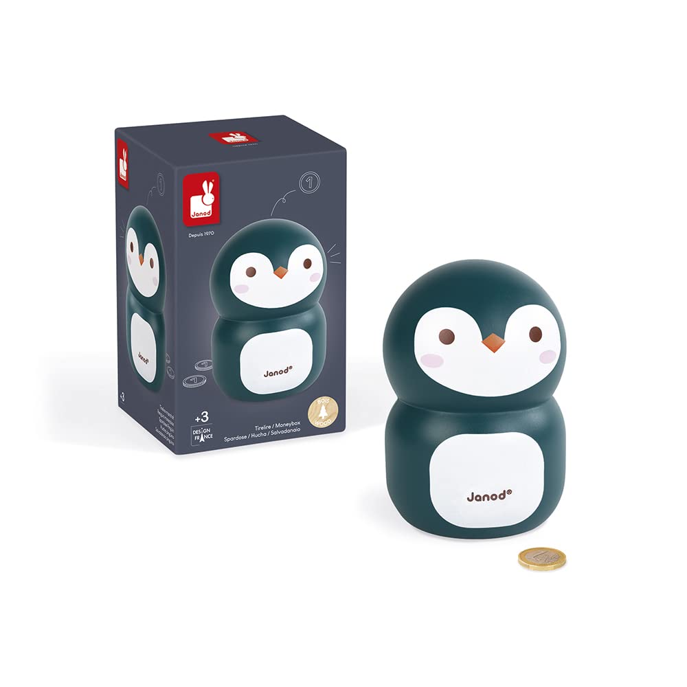 Janod - Penguin Wooden Children’s Money Box 5.9 inch - Children's Room Decoration - Suitable for Ages 3 and Up, J04650