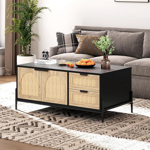 Mid Century Modern Rattan Coffee Table with Storage, Boho Rectangle