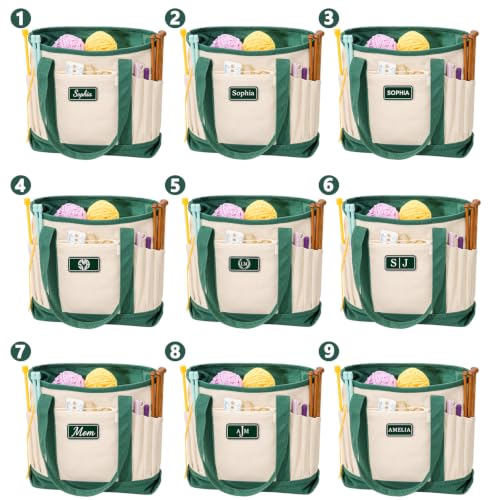 Image of Personalized Crochet Bag with Custom Leather Patch or Embroidered Name, Canvas Knitting Tote for Yarn Storage, Crochet Organizer with Multiple Pockets, Custom Gift for Crocheters & Knitters