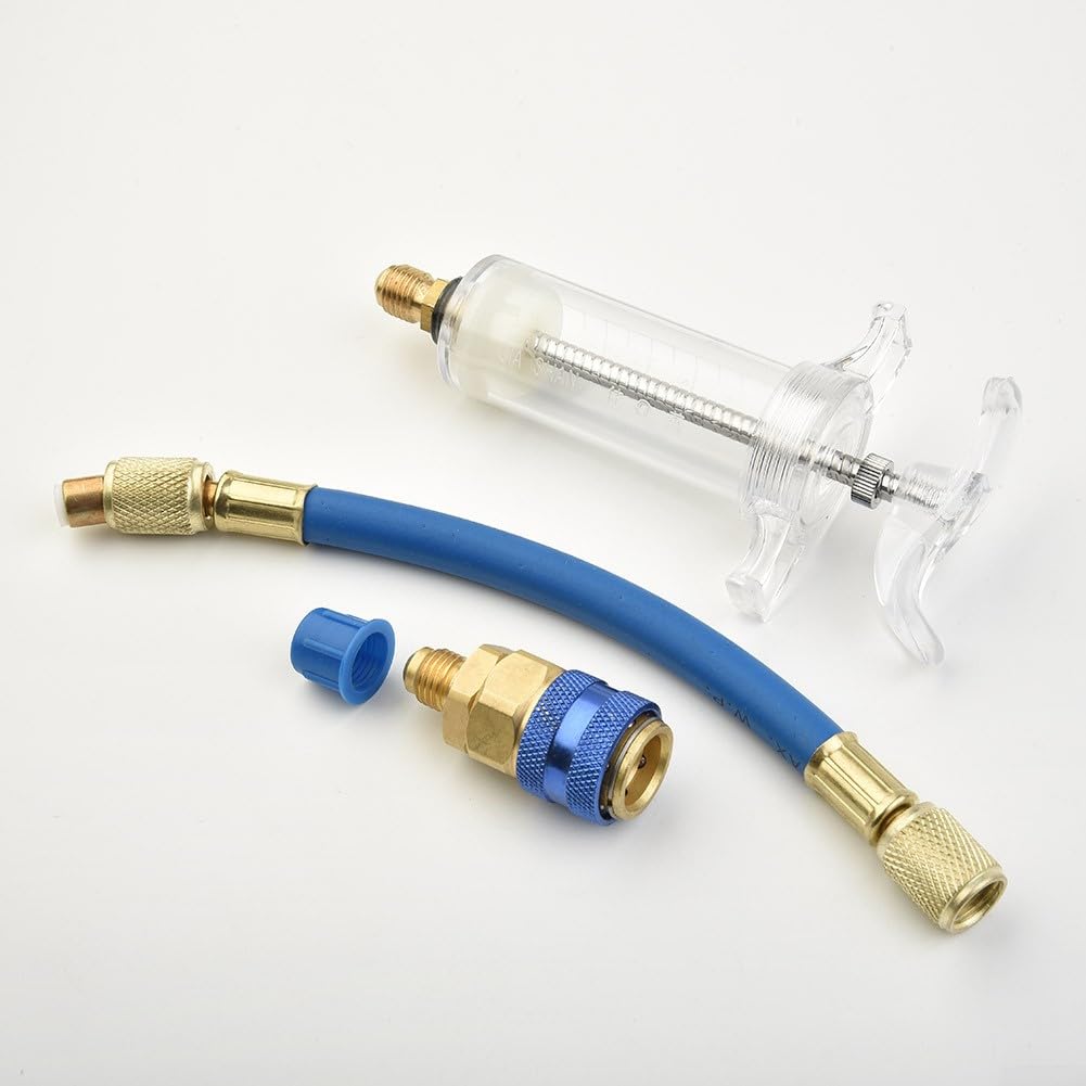 1 Stück A/C Öl und Farbstoff Injektor 30ML Mit R-134a Snap Schnellkupplung 1/4 Zoll SAE für Handdrehpumpe Öleinspritzung Auto Klimaanlage A/C Adapter