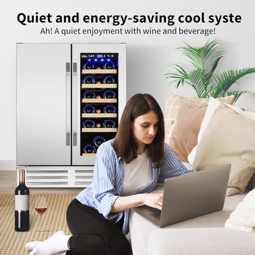 Image of 24 Inch Wine and Beverage Refrigerator, Dual Zone Wine Beverage Cooler, Built-in /Freestanding Beer and Wine Fridge with a Powerful Compressor, 20 Bottles and 88 Cans Capacity