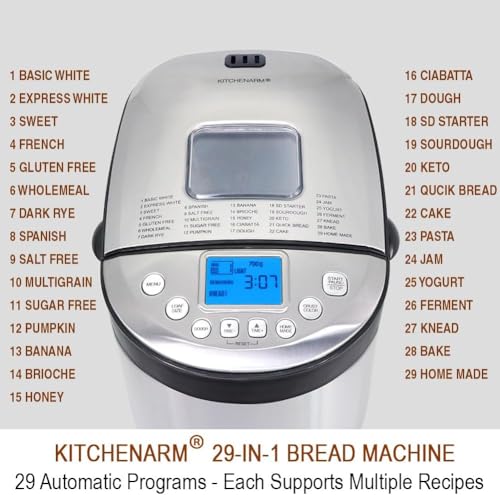 Image of KITCHENARM 29-in-1 SMART Bread Maker Machine with Gluten Free Setting - 900G 700G 500G Stainless Steel Breadmaker with Recipes - Wholemeal Bread Machine with Homemade Cycle