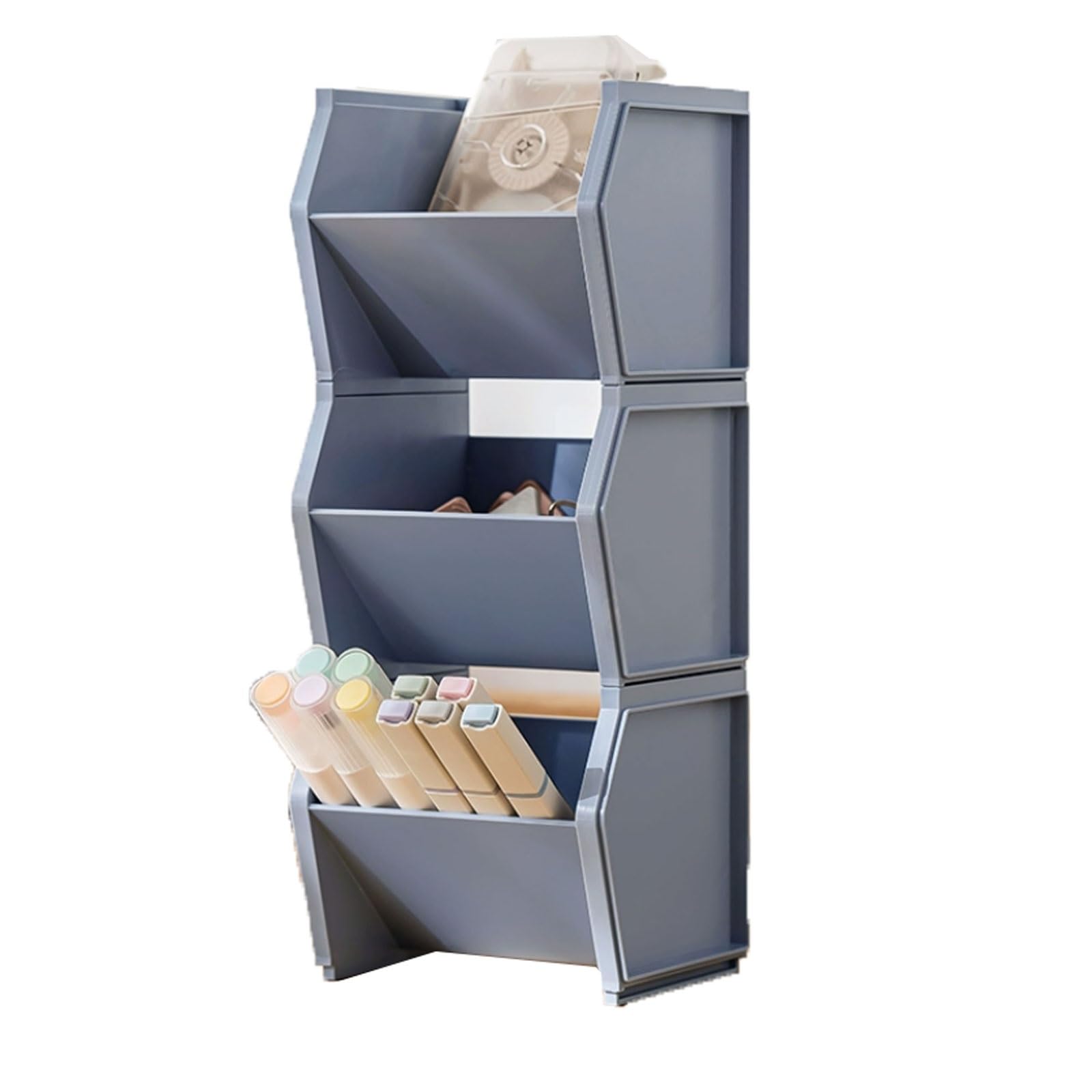 Porte-crayons incliné empilable en plastique bleu avec emboîtement