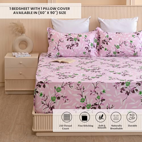 Image of HOMEMONDE Cotton 210 TC Bedsheet for Single Bed Soft & Breathable Floral Printed Flat Sheet with 1 Pillow Case, (60 x 90 Inch, Lavender Pink) | Perfect for Home Decor & Gifting