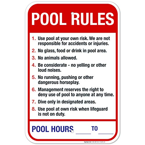 Pool Rules Sign, Red Pool Sign, 12x18 Inches, Rust Free .063 Aluminum, Fade Resistant, Made in USA by Sigo Signs