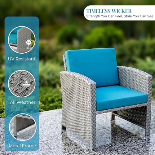 Image of DEVOKO Valencia 5 Piece All Weather Rattan Wicker Patio Sofa Set with Water Resistant Cushioned Chairs with Glass Top Table & Ottomans for Garden, Pool, Porch, Backyard (Silver Grey & Sky-Blue)