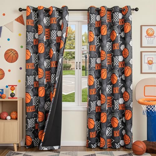 Image of MYSKY HOME 95% Blackout Curtains 84 Inch Long 2 Panels Set with Basketball Sport Printed Thermal Insulated Noise Reducing Grommet Drapes for Kids Boys Bedroom Playroom, 52 inch W, Black and Orange