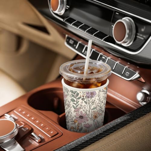 Image of Insulated Neoprene Cup Sleeve for Iced Coffee & Cold Soda - Reusable & Sweatproof, Keeps Drinks Cold Longer, Coffee Coolie for Hot & Iced Drinks (Wildflowers, Large: 32oz)