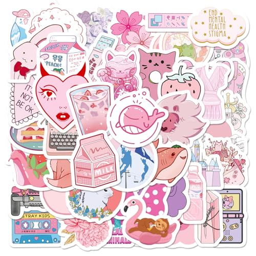 50枚ピンクグラフィティ装飾ステッカーセット人気、少女花ドリンク羊非重複防水おしゃれ手帳デコDIYキラキラスイートデカールノート水筒スマホケーススケボー旅行バッグギター文具子供部屋ごほうびシール自転車ヘルメット用
