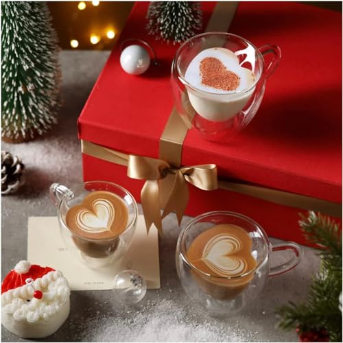 Image of ANKUL Heart Shaped Transparent Double Walled Insulated Glass Pack of 6 Coffee Mugs or Tea Cups with Unique Handle (Heart Cup, 6)