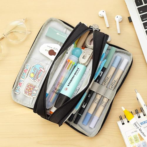 Image of SAMEZONE Pencil Case Pencil Cases for Girls Boys Big Capacity Pencil Pouch with 3 Compartments School Stationary Office Storage Pouch Pen Bag for School Teen Girl Boy Men Women (King, Black)