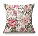 Solekla Pink Flowers Decorative Throw Pillow Cover Case Cushion Home Living Room Bed Sofa Car Cotton Linen Square 18 x 18 Inches