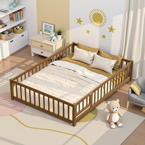 i-POOK Full Floor Bed Frame with Wood Slats, High Fence
