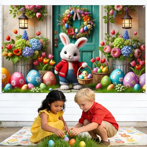 Image of Nuxovilar Easter Bunny Wreath Banner 43x70.8 Inches Polyester