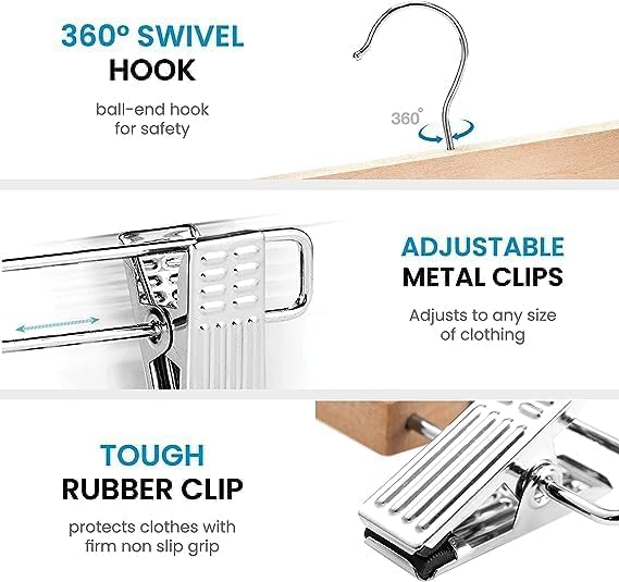 Image of Wooden Hangers for Clothes Hanging | 360 Swivel Hook with 2-Adjustable Clip Hangers for Pants, Skirts, Sarees | Wooden Trousers Bottom Hangers for Wardrobe (10, Beige)