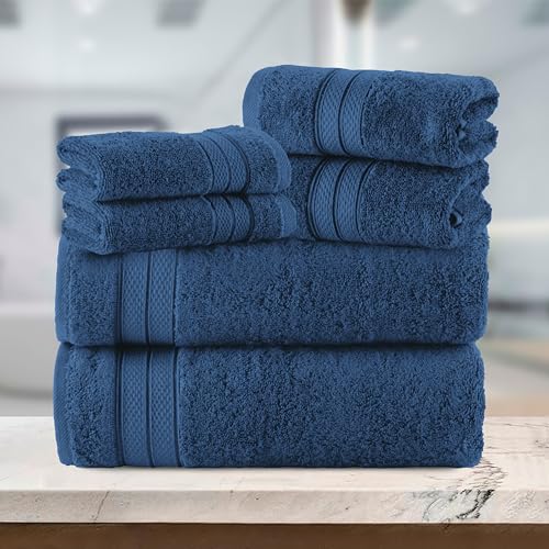 Image of Elegant Comfort Luxury 6-Piece Towel Set, Premium Soft 100% Turkish Cotton, Three Line Popcorn Design 2 Bath Towels, 2 Hand Towels and 2 Washcloths Towel Set - Quick-Drying and Absorbent, Navy Blue