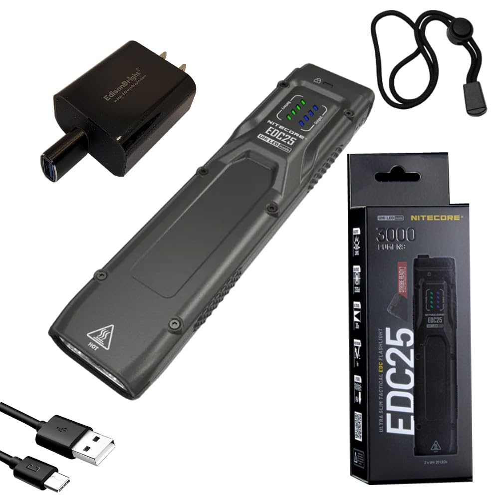 EdisonBright Nitecore EDC25 3000 Lumen USB Rechargeable Slim Body LED Flashlight Brand Charging Adapter