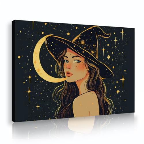 Arte mural de la Bruja de la Bruja de la Luna Mística Sueño con tema de noche estrellada grabados de arte Póster Bohemio moderno para la decoración del dormitorio de la oficina en casa 50x75cm
