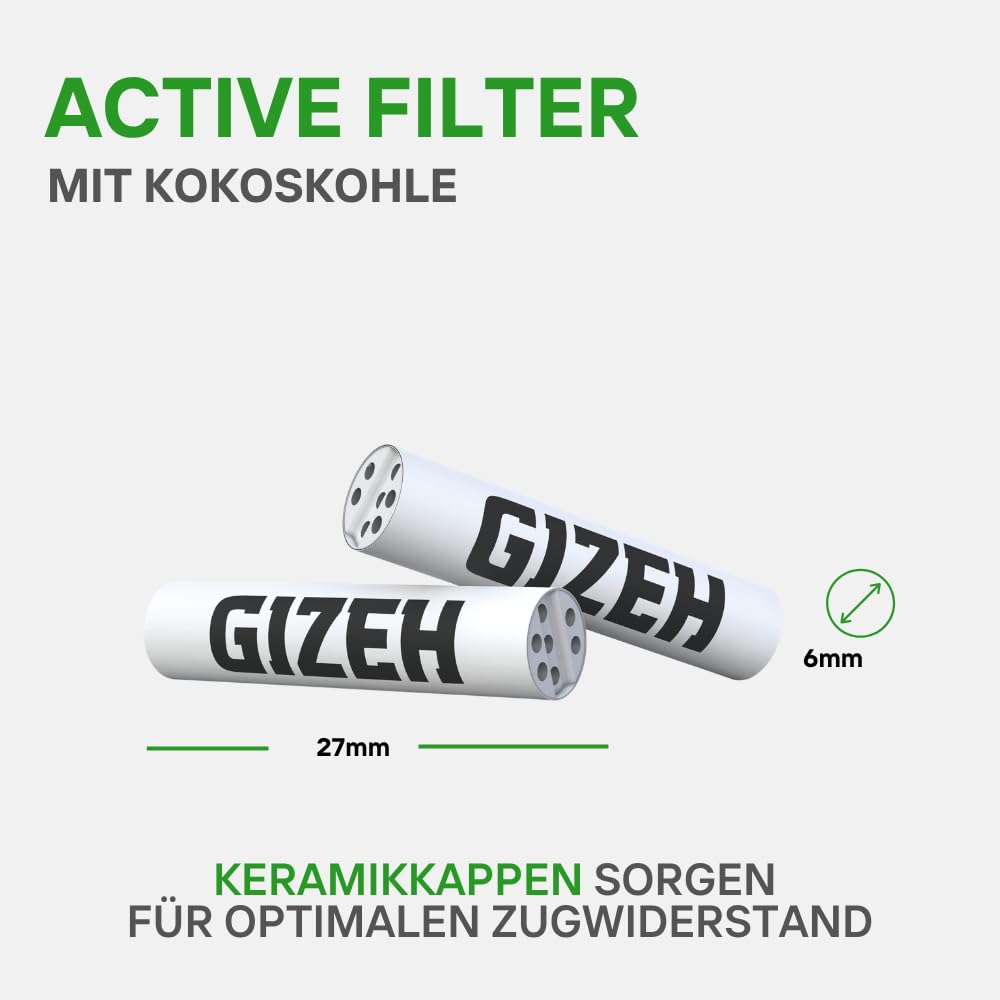 GIZEH BLACK Active Filter – Aktivkohlefilter slim 6 mm Durchmesser – Aktivkohlefilter slim mit Aktivkohle aus Kokosschale – Filter mit 27 mm Länge - 10 Beutel á 50 Filter