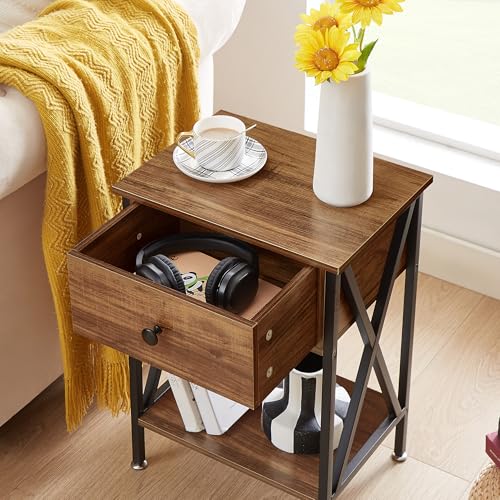 Image of VECELO Nightstand,Modern Bedside End Table, Night Stand with Drawer and Storage Shelf for Living Room Bedroom, Industrial Metal Frame