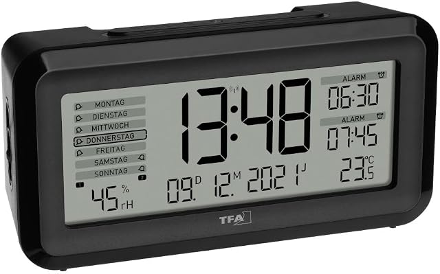 TFA Dostmann Cyfrowy budzik radiowy BOXX2, 60.2562.01, niemiecki wyświetlacz, 2 czasy budzenia, monitorowanie klimatu w pomieszczeniu, z dniem tygodnia, z akumulatorem, czarny, (dł.) 138 x (szer.) 52