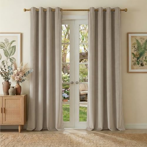 NICETOWN 100% Blackout Velvet Curtains 96 inch Long 52 Wide, Khaki Elegant Sound Dampening Room Darkening Drapes for Luxury Living Room, Set of 2 100% Blackout - Khaki 52"W x 96"L (Pack of 2