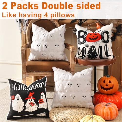 TOYPOPOR Halloween Decorations, 2 Packs Double Sided Ghost Pillow Covers, Soft Faux Fur Throw Pillow Cases, Indoor Outdoor Couch Cushion Case for Fall Autumn Bedroom Living Room Home Decor 16''x16''
