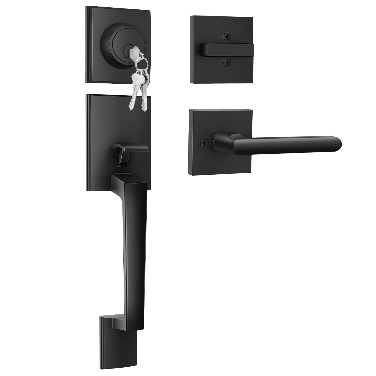 Ohuhu Front Door Lock Set, Heavy Duty Upgraded Front Door Handle Black Locksets with Deadbolt - Entry Exterior Door Handle Sets Single Cylinder Reversible Lever Matte Finish Zinc Alloy Modern Style