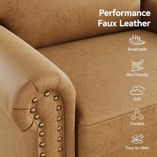 Image of Nailhead Trim Accent Chairs Set of 2,Faux Leahter Mid Century Modern Living Room Arm Chairs,Comfy Bedroom Reading Chair for Adults,Cozy Single Sofa Corner Side Room Chair,Saddle Brown
