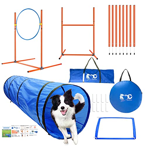 Dog Agility Training Equipment, Obstacle Agility Training Starter Kit for Doggie, Including Tunnel, 27 Weave Poles, Adjustable Hurdle, Jump Ring, Pause Box and Carrying Bag(Blue,L) Blue, L