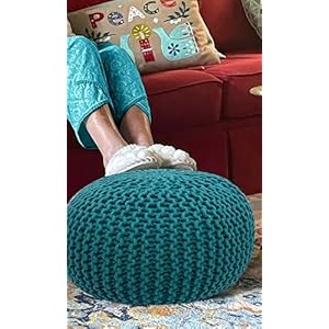 COTTON CRAFT Round Pouf - Hand Knitted Cotton Braid Cord Cable Dori Ottoman - Foot Stool - Floor Pouf Footrest Accent Seat Furniture Bean Bag - Living Room Kids Room Nursery Dorm Décor - 20x14 - Teal COTTON CRAFT Round Pouf Hand Knitted Cotton Braid Cord Cable Dori Ottoman Foot Stool Floor Pouf Footrest Accent Seat Furniture Bean Bag Living Room Kids Room Nursery Dorm Decor 20×14 Teal