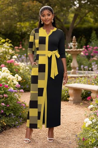 Image of Nmoder Maxi Dress for Women Long Church Cocktail Casual Dresses Colorblock Front Split 3 /4 Sleeve V Neck Pencil Dress