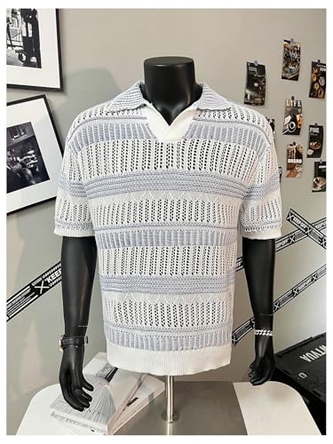 GORGLITTER Men's Striped Short Sleeve Open Knit Sweater Hollow Out Collar Top Knitwear Tops3