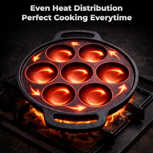 Image of Cast Iron Appam Pan (7 /9 /12 Cavity) | Paniyaram Pan, Appe Pan, Kuzhi Paniyaram Maker | Heavy Duty, Even Heating, Gas & Induction Compatible (7 Cavity (Small))