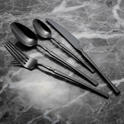 Image of 20 Pcs Black Slim Handle Stainless Steel Cutlery Set for Dining Table with Spoons and Forks Set + Butterknives - The Perfect Tableware /Flatware