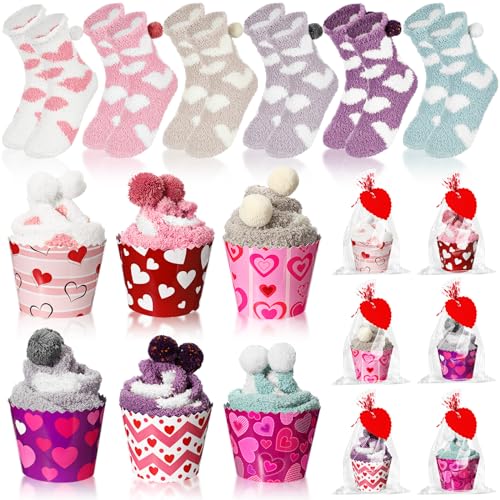 Image of 6 Pairs Valentine's Day Cupcake Socks Fuzzy Sock with Cupcake Card DIY Gift Slipper Stockings for Winter Women Men