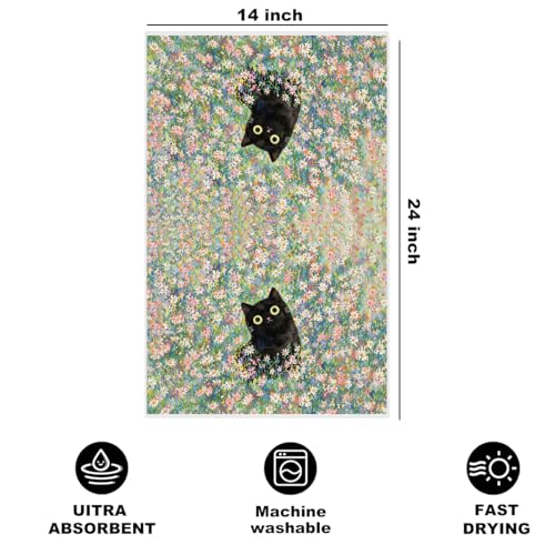 Image of Cute Cat Kitchen Towels 24x14 Inch, Cats Gifts Floral Reusable Dish Towels for Kitchen Bathroom Home Decor, Waffle Weave Absorbent Hand Cloth Tea Towel, Cat Lover Gifts for Women Mom Friend