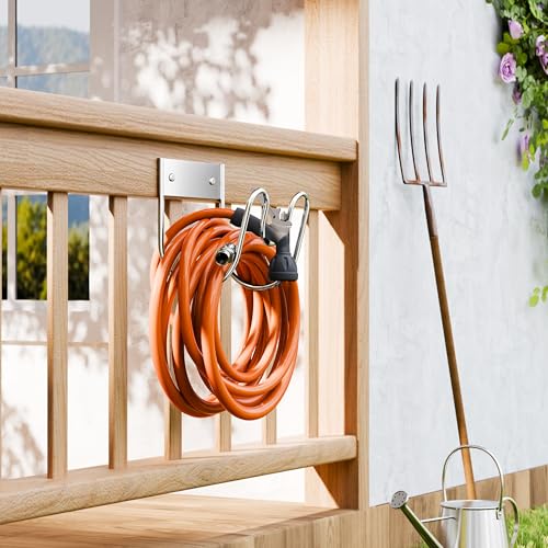 Image of Stainless Steel Garden Hose Holder - Extra Large Heavy Duty Silver SS304 Wall Mounted Hanger for Water Hose, Extension Cords, Vacuum Lines, Anti-Rust