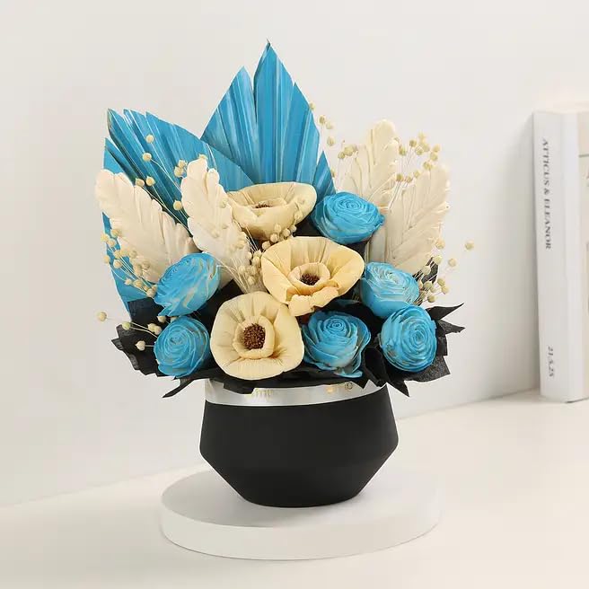 Dry Floral Arrangement with Sola Flowers in Black Metal Vase | Blue & Cream Tones, Handcrafted Sola Blooms, Tal Palm Leaf Accents, Long-Lasting Keepsake, Modern Aesthetic-image-5