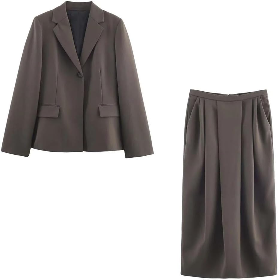 Women European Style Recessed Lapel Suit Jacket Pleated Skirt Set